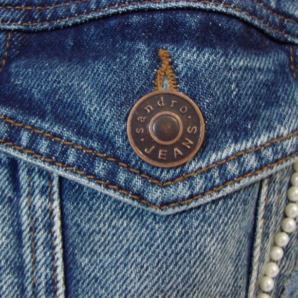 Sandro Denim Jean Jacket Pearl Embellished Lightning Bolt Size 42 FR or 10 - Picture 9 of 16